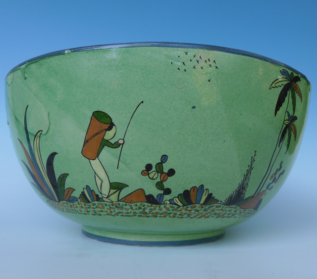 XL vintage washy green Tlaquepaque bowl 13" diam.